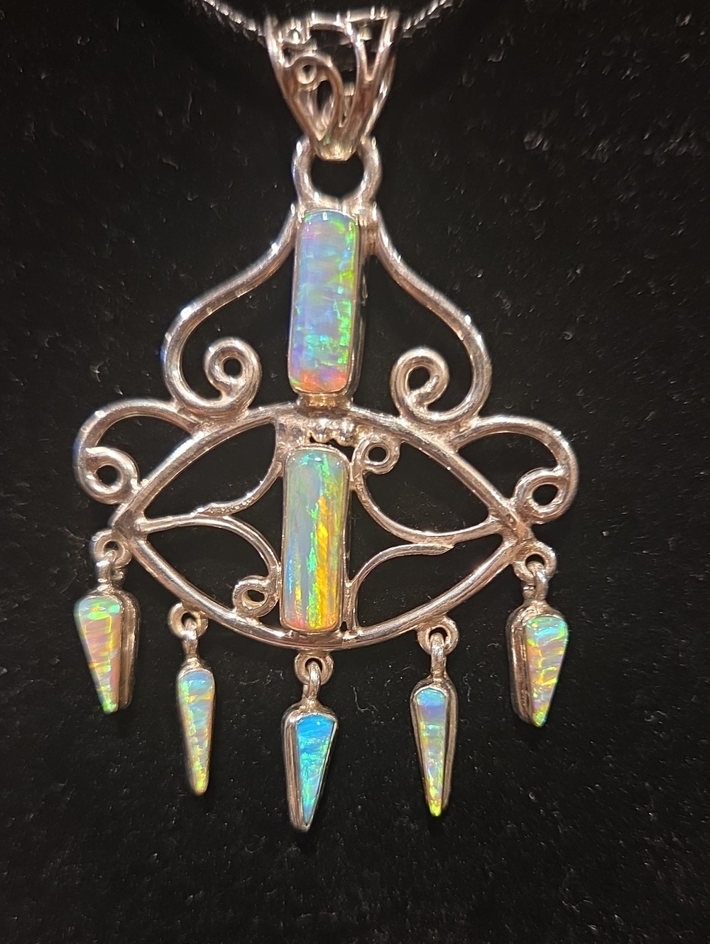Opal Dangle Pendant Necklace - Iridescent Opal in Silver Setting
